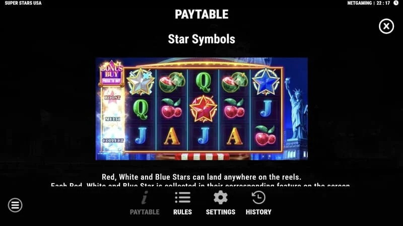 Super Stars USA - símbolos de estrelas no Hold & Win
